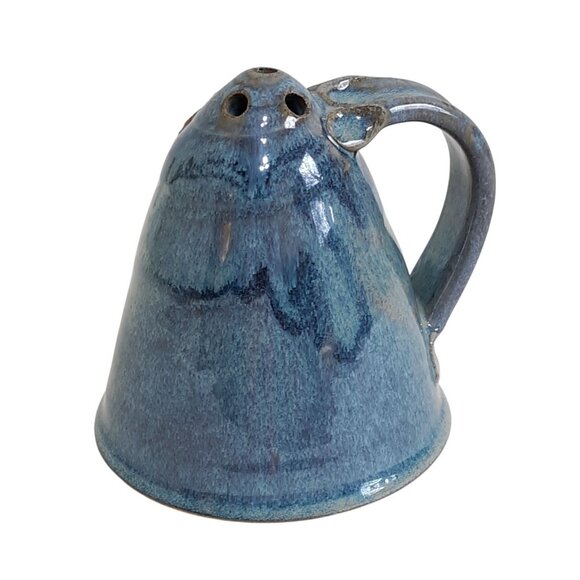 Vintage Dick Lehman Handmade Pottery Sugar Cheese Shaker Cork Handle Blue Glaze - Picture 3 of 8